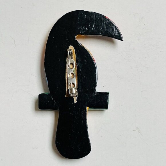 Hand Painted Wood Toucan Tropical Bird Brooch Pin 3.75 Colorful Handmade - Picture 3 of 4